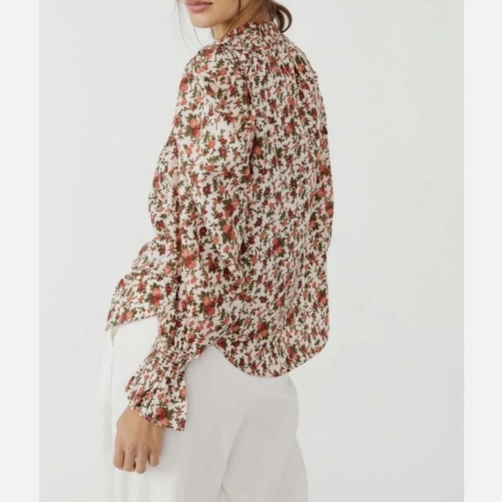 Free People Meant To Be Puff Sleeve Ruffle Blouse Top Vintage Floral Cotton Boho - Picture 3 of 16